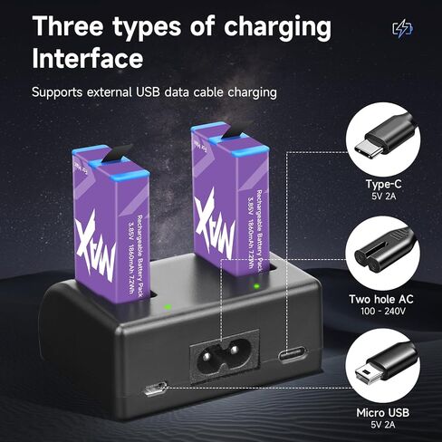 2 Pack 1860mAh Battery Replacement with LED Dual Slot Charger Kit for Gopro Max 360 ACDBD-001 ACBAT-001 Enduro Battery Charger Kit Sport Camera Accessories in Kuwait