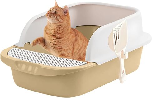 Large Cat Litter box with High Sides - Open Top Cat Litter Tray for Big Cats with Scoop & Scatter Shield, Easy Clean Plastic Kitty Litter Box, Non-Sticky, Anti-Urine Leakage Litter Pan for Indoor Cats in Saudi Arabia