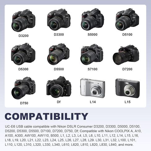 كابل USB UC-E6 متوافق مع Nikon D7200 D7100 D5500 D5300 D5200 D5100 D5000 D3300 D3200 D750، كابل USB UC-E16 لنيكون Coolpix B500 S6500 S6300 S3700 S3500 S220 L840 L830 L340 L310 L22، 4.9 قدم in Kuwait