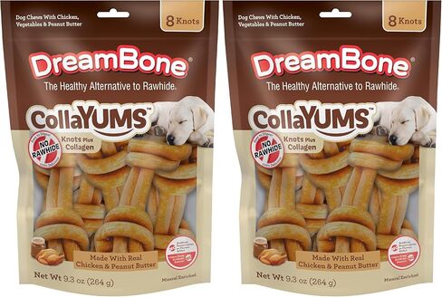 DreamBone CollaYUMS Knots Plus Collagen Chews for Dogs, 8 Count, Treat Your Dog to Rawhide-Free Chews Made with Chicken, Vegetables and Peanut Butter in Kuwait