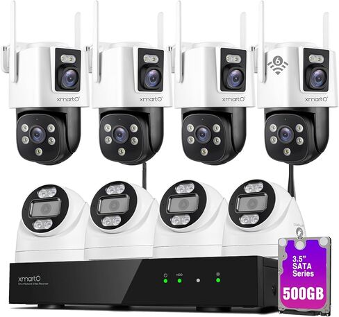 xmartO 16CH 8 Pcs Home Security Camera Kit, 4 * Dual-Image Wide FOV Security Camera and 4 * 2K HD Dome Camera, 2-Way Audio, Night Vision, 24/7 Surveillance Camera, No Monthly Fee(Include 500GB HDD in Saudi Arabia
