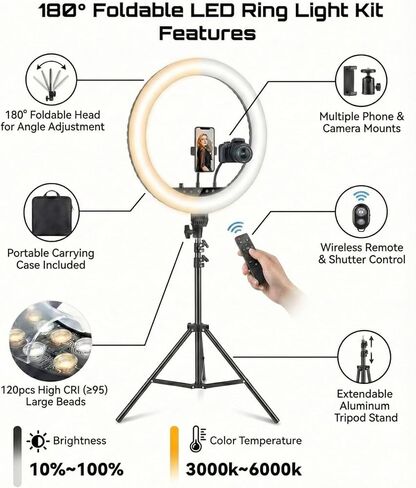 ضوء حلقي مقاس 21 بوصة مع حامل ثلاثي القوائم، 55 وات LED قابل للتعتيم 3000K-6000K، CRI≥95، حامل للهاتف والكاميرا، جهاز تحكم عن بعد لـ TikTok، YouTube، المكياج، التصوير الفوتوغرافي in Saudi Arabia