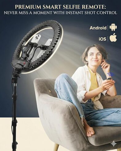ضوء حلقي مقاس 21 بوصة مع حامل ثلاثي القوائم، 55 وات LED قابل للتعتيم 3000K-6000K، CRI≥95، حامل للهاتف والكاميرا، جهاز تحكم عن بعد لـ TikTok، YouTube، المكياج، التصوير الفوتوغرافي in Saudi Arabia
