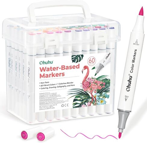 Ohuhu Markers for Adult Coloring Books No Bleeding 60 Colors Water-based Dual Tips Brush & Fine Coloring Markers for Kids Adults Beginners Drawing Pens for Journaling Lettering in Saudi Arabia