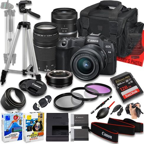 كاميرا Canon EOS R8 بدون مرآة مع RF 24-50mm f/4.5-6.3 وعدسة STM وEF 75-300mm f/4-5.6 III + محول تركيب + ذاكرة 128 جيجابايت + بطارية إضافية + المزيد (حزمة 24 قطعة) (متجددة) in Kuwait