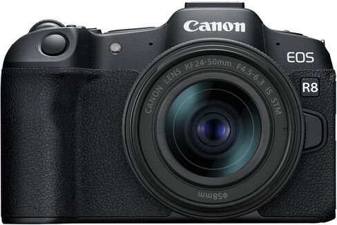 كاميرا Canon EOS R8 بدون مرآة مع RF 24-50mm f/4.5-6.3 وعدسة STM وEF 75-300mm f/4-5.6 III + محول تركيب + ذاكرة 128 جيجابايت + بطارية إضافية + المزيد (حزمة 24 قطعة) (متجددة) in Kuwait