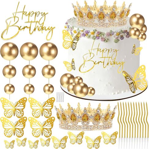 Crown Cake Topper, Balls Happy Birthday Cake Topper Crown Birthday Candles Gold Butterflies, Corona Para Pastel, Cake Decorations for Birthday Wedding Baby Shower (Gold, Pink) in Saudi Arabia