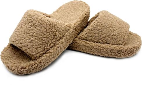 Fuzzy Open Toe Slippers for Women Indoor Cozy Memory Foam Slip On House Slides Shoes Plush Warm Home Slippers in Saudi Arabia