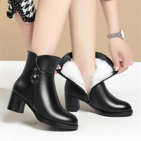 Niiyyjj Womens Wool Lined Mom Boots Side Zipper Dress Boots Mid Heel Large Size Ankle Boots in Saudi Arabia