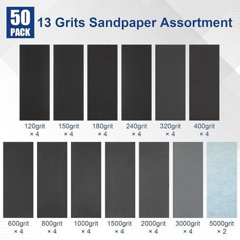 50PCS Sand Paper, 13 Grits Premium Sandpaper Assortment - 120/150/180/240/320/400/600/800/1000/1500/2000/3000/5000 Grit Sandpaper Sheets, Wet Dry Sand Paper for Wood Metal Car Sanding in Saudi Arabia