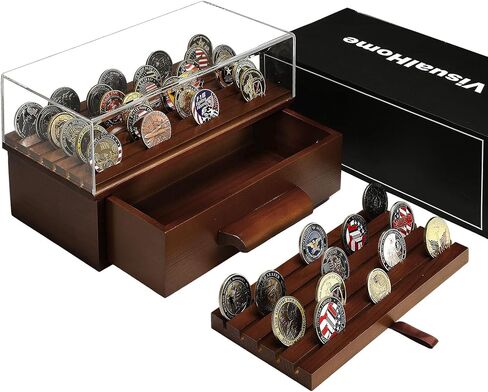 Wooden Challenge Coin Display Case with Clear Cover - Medium Military Coin Display Case Holds 40 Coins on Top & 50 in the Storage Drawer - Versatile Coin Stand Holder & Poker Chip Display Case – Black in Saudi Arabia