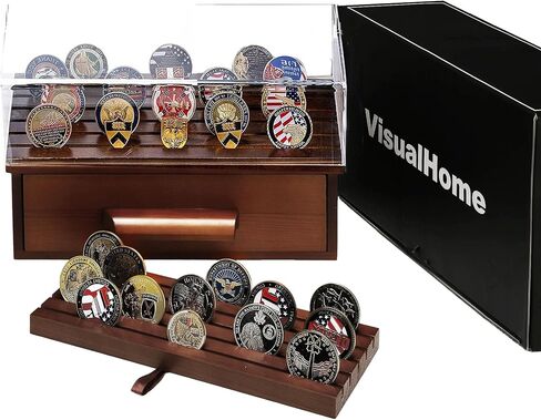 Wooden Challenge Coin Display Case with Clear Cover - Medium Military Coin Display Case Holds 40 Coins on Top & 50 in the Storage Drawer - Versatile Coin Stand Holder & Poker Chip Display Case – Black in Saudi Arabia