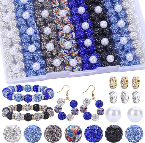 AIPRIDY Jewelry Making Beads Set, 590 PCS 10mm Round Mixed Color Rhinestone Clay Beads with Pearl and Floral Beads for DIY Bracelets, Necklaces in Kuwait