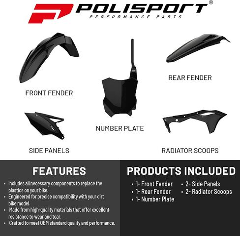 Polisport Motocross (MX) مجموعة البلاستيك المتماثلة لـ Kawasaki KX 250F (2017-20)-جودة OEM ، متينة ، مرنة ومثالية-أسود in Saudi Arabia