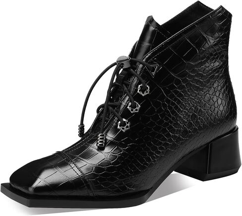 TDD Leopard Print Boots For Women Square Toe Lace Up Ankle Wide Calf Booties Botas Para Mujer Leather Chunky Block Dress Warm Lined Cowboy Cowgirl Ladies 2 Inch High Heels in Saudi Arabia