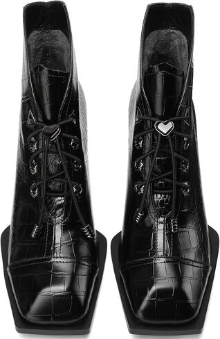 TDD Leopard Print Boots For Women Square Toe Lace Up Ankle Wide Calf Booties Botas Para Mujer Leather Chunky Block Dress Warm Lined Cowboy Cowgirl Ladies 2 Inch High Heels in Saudi Arabia