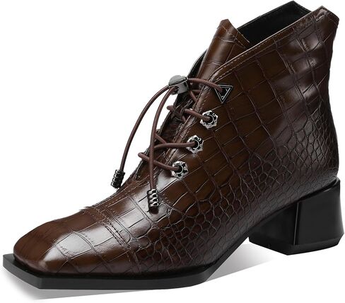 TDD Leopard Print Boots For Women Square Toe Lace Up Ankle Wide Calf Booties Botas Para Mujer Leather Chunky Block Dress Warm Lined Cowboy Cowgirl Ladies 2 Inch High Heels in Saudi Arabia