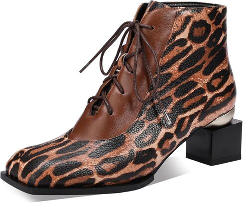 TDD Leopard Print Boots For Women Square Toe Lace Up Ankle Wide Calf Booties Botas Para Mujer Leather Chunky Block Dress Warm Lined Cowboy Cowgirl Ladies 2 Inch High Heels in Saudi Arabia
