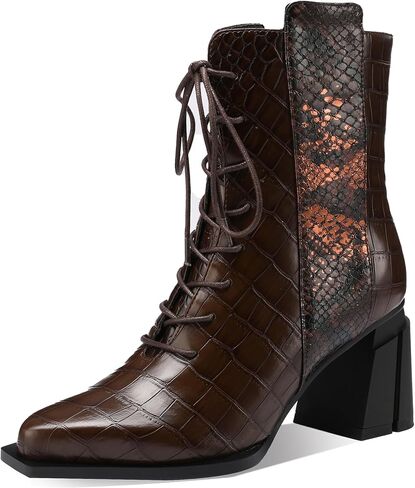 TDD Leopard Print Boots For Women Square Toe Lace Up Ankle Wide Calf Booties Botas Para Mujer Leather Chunky Block Dress Warm Lined Cowboy Cowgirl Ladies 2 Inch High Heels in Saudi Arabia