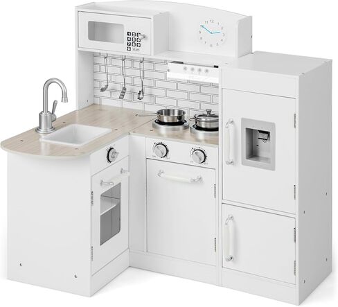 Costzon Corner Kids Kitchen Playset, 11-in-1 Wooden Toy Kitchen Set with Realistic Washing Machine, Microwave, Oven, Stove, Refrigerator, Range Hood, Telephone, Play Kitchen for Toddlers Boys Girls in Kuwait