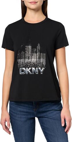 تيشيرت محبوك بشعار DKNY للسيدات من القطن القابل للتمدد in Saudi Arabia