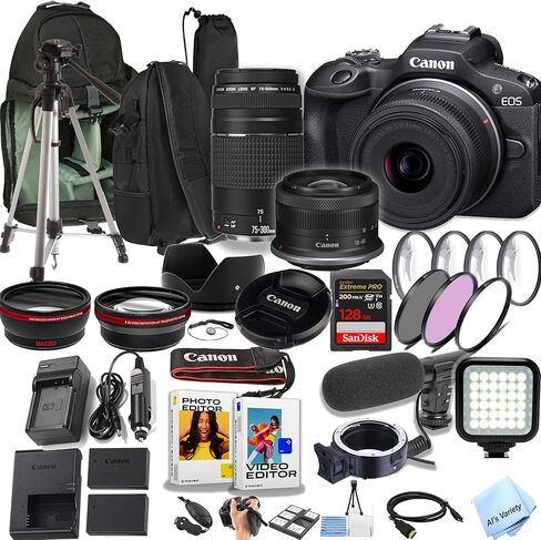 كاميرا Canon EOS R100 بدقة 24.2 ميجابكسل بمستشعر APS-C CMOS بدون مرآة مع عدسات مقاس 18-45 مم و75-300 مم + حقيبة ظهر + بطاقة ذاكرة سعة 128 جيجابايت + مصباح فيديو + ميكروفون + المزيد (حزمة فيديو احترافية) (متجددة) in Kuwait