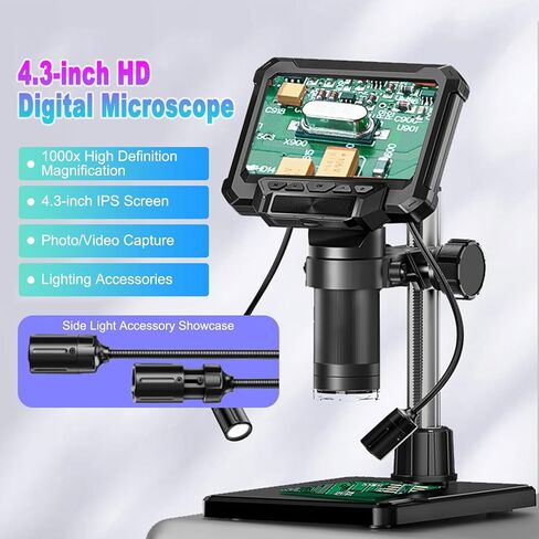 Digital Microscope, 4.3 Inch 1000X 1080P LCD USB Magnifier with 10MP Camera and 8 Adjustable LED Lights, Photo and Video Capability, PC View for Adults Soldering Jewelry in Kuwait