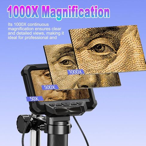 Digital Microscope, 4.3 Inch 1000X 1080P LCD USB Magnifier with 10MP Camera and 8 Adjustable LED Lights, Photo and Video Capability, PC View for Adults Soldering Jewelry in Kuwait