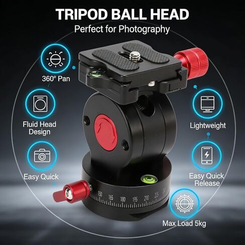 Tripod Ball Head Panoramic Pan Tilt Ballhead with 1 / 4in Screw Quick Release Plate, Aluminum Alloy, Lightweight 439g - Fluid Head Design, 360 Degree Rotation, Compatibility with in Saudi Arabia