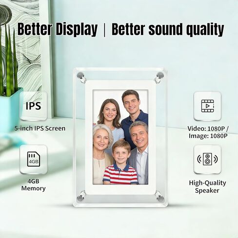 إطار صور رقمي أكريليك مقاس 5 بوصة، إطار صورة إلكتروني للتخزين 4G مع تشغيل الفيديو/الصورة، دوران تلقائي 360 درجة، مكبر صوت مدمج، نوع C، تشغيل تلقائي لعرض الذكريات in Kuwait