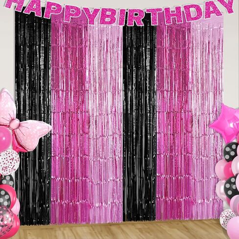 Black Pink Foil Fringe Curtains Party Decorations, 2 Pack 3.2x6.6ft Pink Black Mouse Color Tinsel Backdrop Door Streamers Photo Booth Props Mouse Birthday Party Decorations for Women Girls in Saudi Arabia