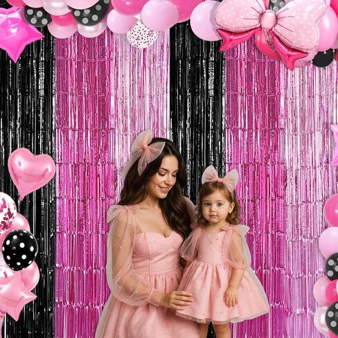 Black Pink Foil Fringe Curtains Party Decorations, 2 Pack 3.2x6.6ft Pink Black Mouse Color Tinsel Backdrop Door Streamers Photo Booth Props Mouse Birthday Party Decorations for Women Girls in Saudi Arabia
