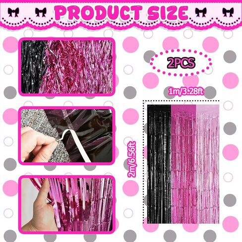 Black Pink Foil Fringe Curtains Party Decorations, 2 Pack 3.2x6.6ft Pink Black Mouse Color Tinsel Backdrop Door Streamers Photo Booth Props Mouse Birthday Party Decorations for Women Girls in Saudi Arabia