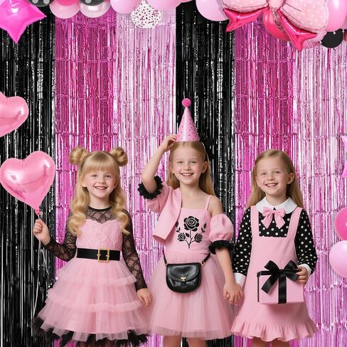Black Pink Foil Fringe Curtains Party Decorations, 2 Pack 3.2x6.6ft Pink Black Mouse Color Tinsel Backdrop Door Streamers Photo Booth Props Mouse Birthday Party Decorations for Women Girls in Saudi Arabia