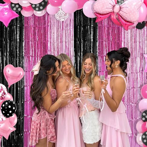Black Pink Foil Fringe Curtains Party Decorations, 2 Pack 3.2x6.6ft Pink Black Mouse Color Tinsel Backdrop Door Streamers Photo Booth Props Mouse Birthday Party Decorations for Women Girls in Saudi Arabia
