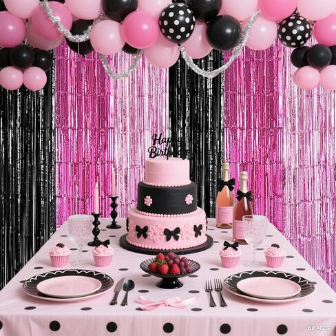 Black Pink Foil Fringe Curtains Party Decorations, 2 Pack 3.2x6.6ft Pink Black Mouse Color Tinsel Backdrop Door Streamers Photo Booth Props Mouse Birthday Party Decorations for Women Girls in Saudi Arabia
