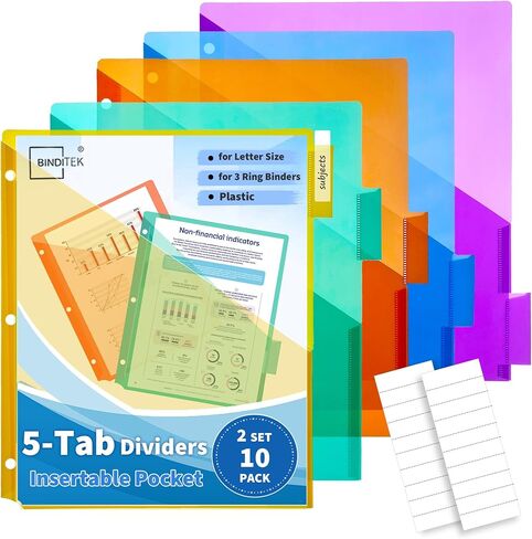 Plinitek 10 Pack Placed Dividers with Front Pocket و 5 TOB Dividers Poly Pocket for 3 Binders Ring ، وحجم الحروف ، ومجموعة الألوان ، ومجموعة 2 ، للطلاب وزملاء العمل in Saudi Arabia
