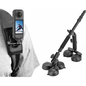 حامل سيارة بالشفط وحامل حقيبة الظهر لـ Insta360 X5 X4، مجموعة تثبيت الزجاج الأمامي للنافذة مع عصا سيلفي بطول 1.5 متر وحزام حقيبة مضاد للانزلاق وحزام مشبك كتف لـ Insta 360 X5 X4 X3 X2 in Kuwait