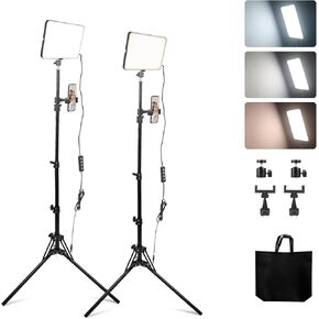 مجموعة من قطعتين من مصابيح فيديو LED، مصابيح استوديو، قوة 24 وات، إضاءة تصوير فوتوغرافي قابلة للتعتيم 2900 ~ 7000 كلفن، حامل ثلاثي الأرجل وحامل هاتف، يمكنها تسجيل الحياة وتصوير مقاطع الفيديو والصور (PD360C) in Kuwait