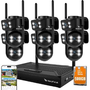 نظام أمان لاسلكي 2 في 1 بعدسة مزدوجة (10CH ​​4K NVR +6 كاميرات) - شبكة WiFi طويلة المدى 6، بدون رسوم شهرية، تخزين 500 جيجابايت، اكتشاف الذكاء الاصطناعي، مجال رؤية 180 درجة، IP66 مقاوم للماء للمنزل/المكتب/الخارج in Kuwait