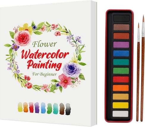 مهارة مصنف للألوان المائية ، مجموعة طلاء ألوان مائية المبتدئين ، كتاب ألوان المياه ، كتاب تلوين الفنون والحرف للبالغين والمراهقين مع مجموعة طلاء وفرشاة 12 لونًا (زهور) in Kuwait