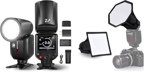 NEEWER Z2-N 2.4G TTL Round Head Flash Speedlite لنيكون + NS5P 2 Pack (5.9 بوصة/15 سم مثمن، 6 بوصة × 5 بوصة مستطيلة) موزع لسرعة الرأس المستديرة، Speedlight 7.4 فولت/2600 مللي أمبير بطارية 480 فلاش طاقة كاملة in Kuwait