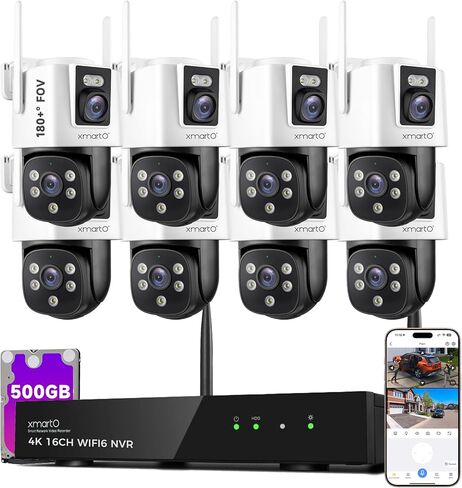 xmartO [2-in-1 CAM*8] 16-View WiFi 6 Mesh Security Camera System Outdoor Wireless, 8X Dual-Lens CAM, 16CH 4K Long Range WiFi6 Surveillance NVR Kit, 4MP PTZ Home CCTV Set w. 500GB HDD, No Monthly Fee in Saudi Arabia