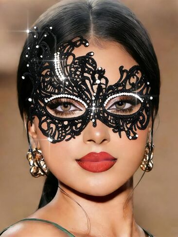 Tgirls Rhinestone Masquerade Mask Crystal Tassel Lace Mask Costume Party Eye Mask Sparkly Face Masks in Kuwait