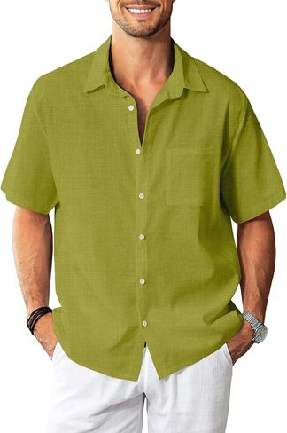 KYKU Linen Shirts for Men: Casual Cotton Mens Short Sleeve Button Down Shirts Beach Wedding Summer Clothes with Pocket in Saudi Arabia