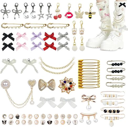 80 PCS Junk Socks Charms Kit ، Pearl Rhinestone Gold Bling Brooch Pins Costom Sock Charms Kit مع أقواس دبابيس الأمان ، وملحقات DIY لتزيين وتخصيص ملابس القبعة (مجموعة واحدة) in Saudi Arabia