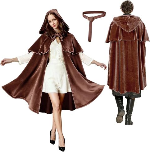 Renaissance Women Men Hooded Cape with Vintage Belt Medieval Cloak Hobbit Halloween Costume in Kuwait