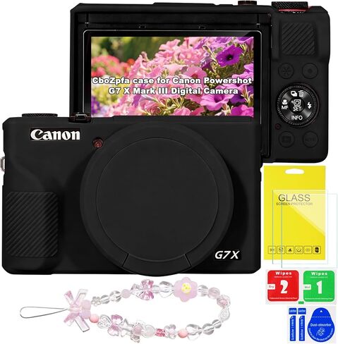 حافظة لكاميرا Canon Powershot G7 X Mark III الرقمية، حماية من السيليكون الناعم مع غطاء عدسة قابل للإزالة، ملحقات G7 X Mark III (2 غطاء زجاجي مقوى، 1 حزام معصم ساحر) - وردي in Saudi Arabia
