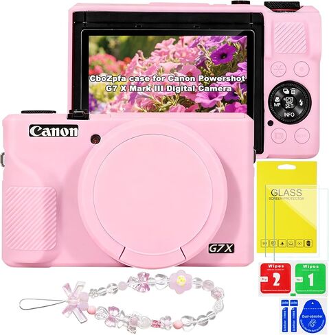 حافظة لكاميرا Canon Powershot G7 X Mark III الرقمية، حماية من السيليكون الناعم مع غطاء عدسة قابل للإزالة، ملحقات G7 X Mark III (2 غطاء زجاجي مقوى، 1 حزام معصم ساحر) - وردي in Saudi Arabia