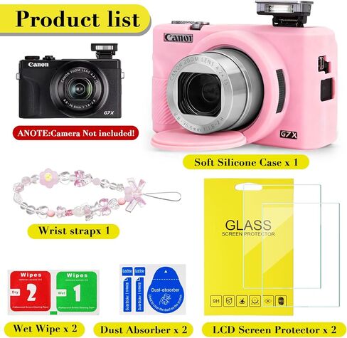 حافظة لكاميرا Canon Powershot G7 X Mark III الرقمية، حماية من السيليكون الناعم مع غطاء عدسة قابل للإزالة، ملحقات G7 X Mark III (2 غطاء زجاجي مقوى، 1 حزام معصم ساحر) - وردي in Saudi Arabia